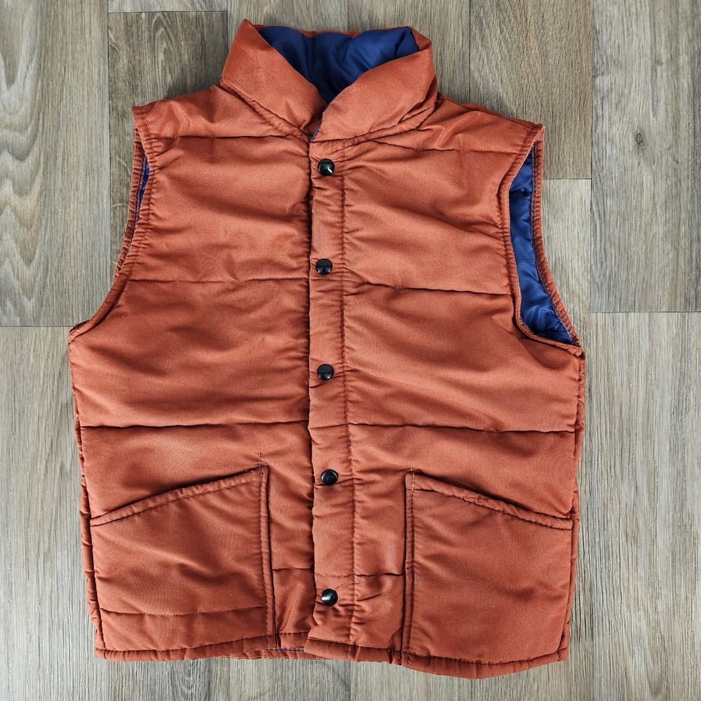 Vintage‎ Boys Puffer Vest Burnt Orange Navy Blue Quilted Snap Front Small